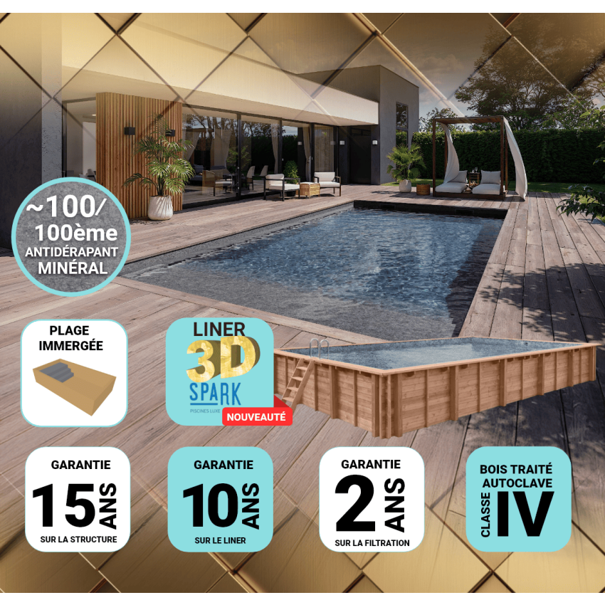 Piscine Bois PRESTIGE California Rectangulaire avec Plage immergée + escalier SPARK 520x220x131cm Liner Relief 3D