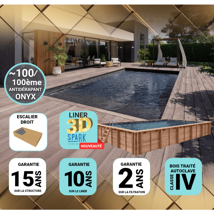 Piscine Bois PRESTIGE  DIANA Rectangulaire avec Escalier SPARK 820x420x145cm Liner Relief 3D