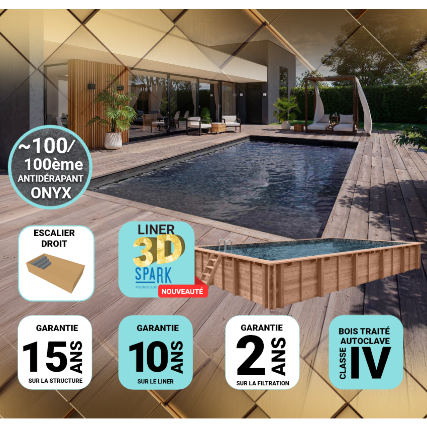 Piscine Bois PRESTIGE Rectangulaire avec Escalier SPARK 1220x520x145cm Liner Relief 3D