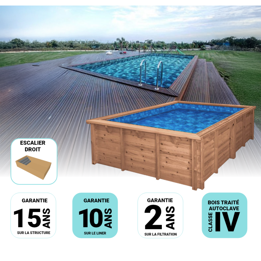 Piscine Bois Luxe Rectangulaire avec Escalier 620x420x145cm Pierre de Bali