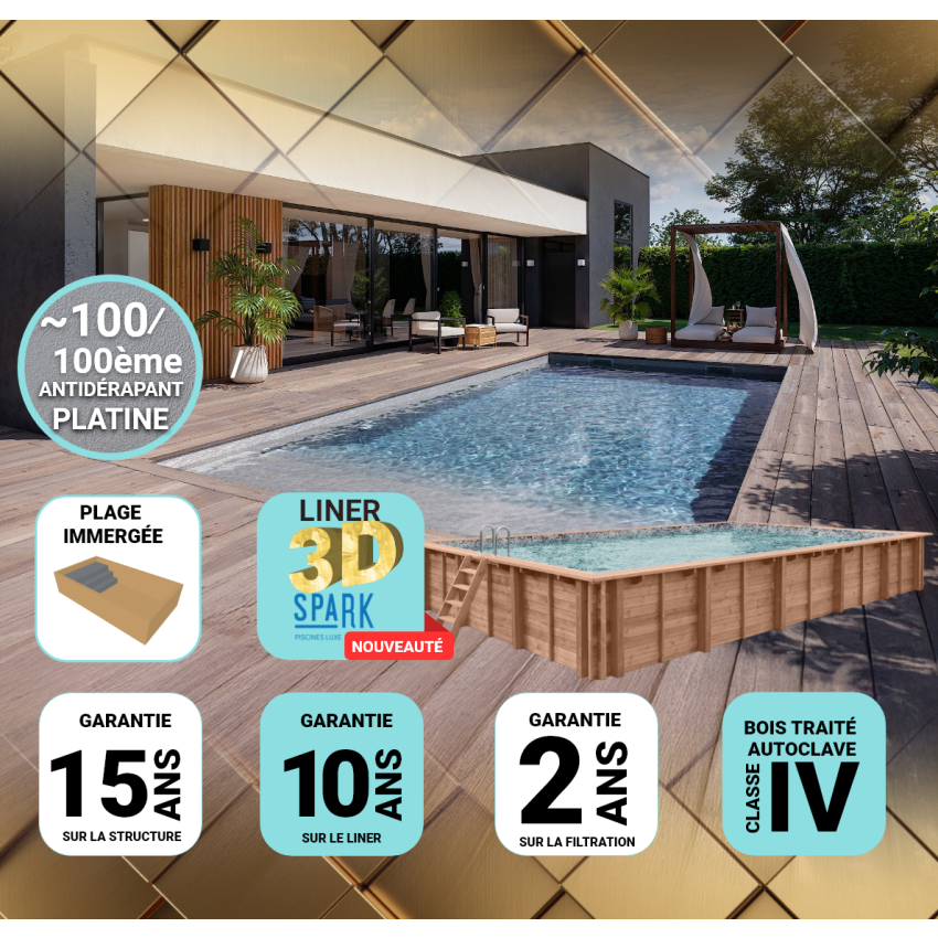 Piscine Bois PRESTIGE Rectangulaire SPARK avec Plage immergée + Escalier 620x420x130cm Liner Relief 3D