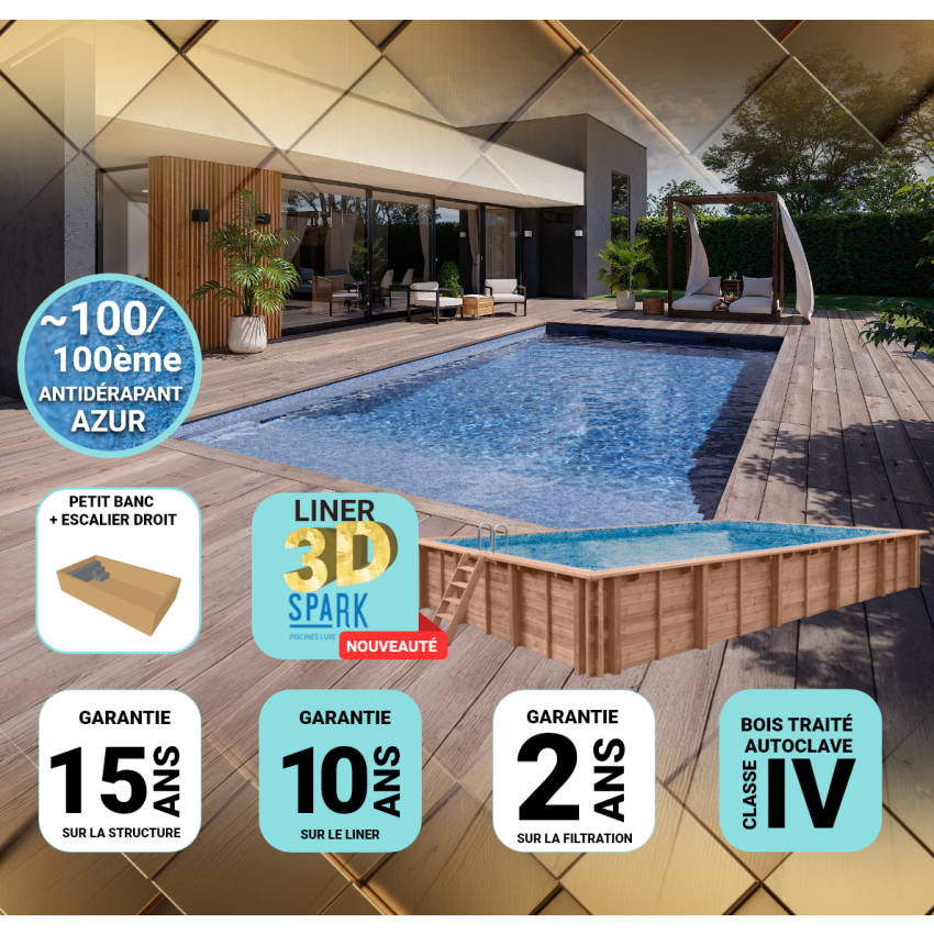Piscine Bois PRESTIGE Rectangulaire avec Banc et Petit escalier SPARK 620x420x145cm Liner Relief 3D