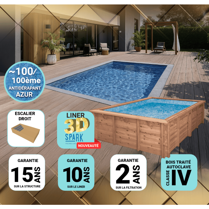 Piscine Bois PRESTIGE Capri Carrée avec Escalier SPARK 420x420x145cm Liner Relief 3D