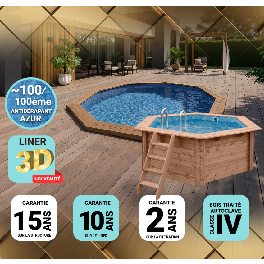 Piscine Bois Hexagonale UBBINK PREMIUM 410x120 cm Liner Relief 3D + Bâche à bulle offerte