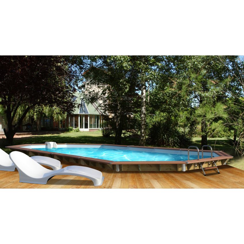 Piscine bois Octogonale Allongée CALAYAN  890x420x129cm Liner Bleu