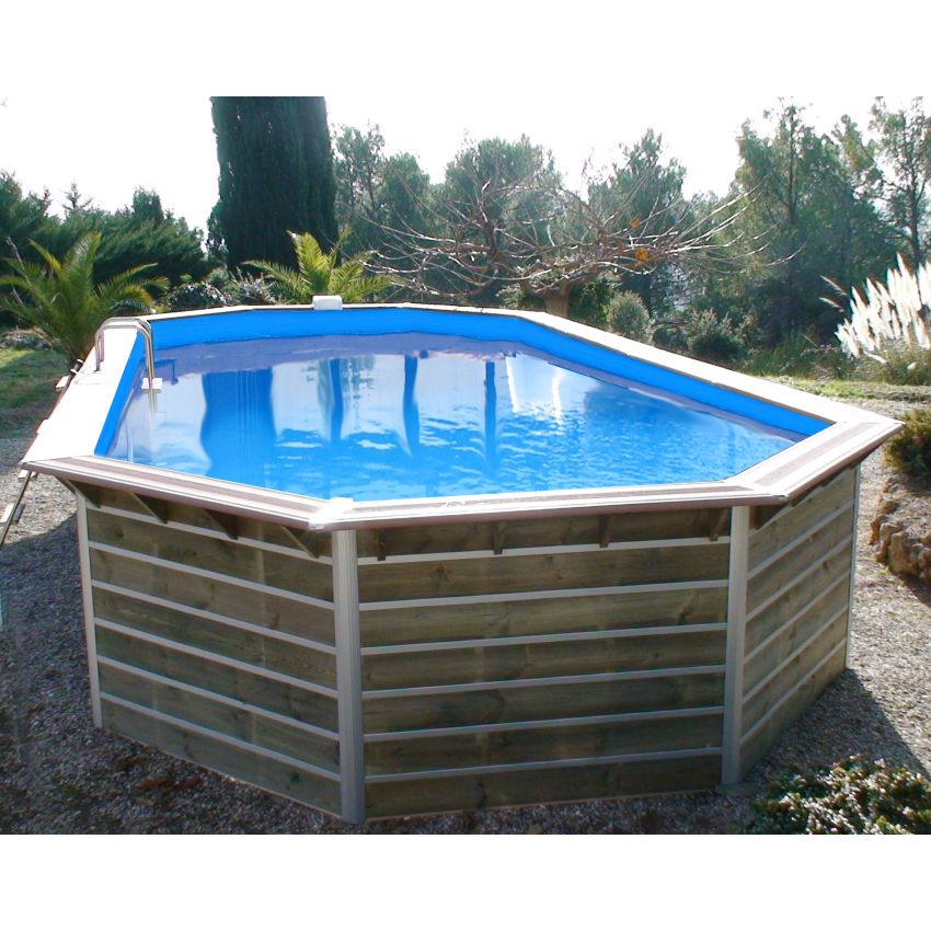 Piscine bois Octogonale Allongée CALAYAN  890x420x129cm Liner Bleu