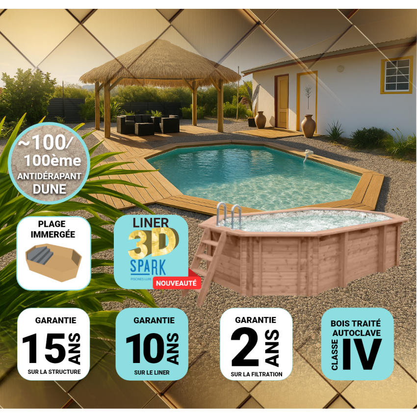Piscine Bois Lucci PRESTIGE Octogonale allongée SPARK 415 x 265 x 131 cm  Liner Relief 3D