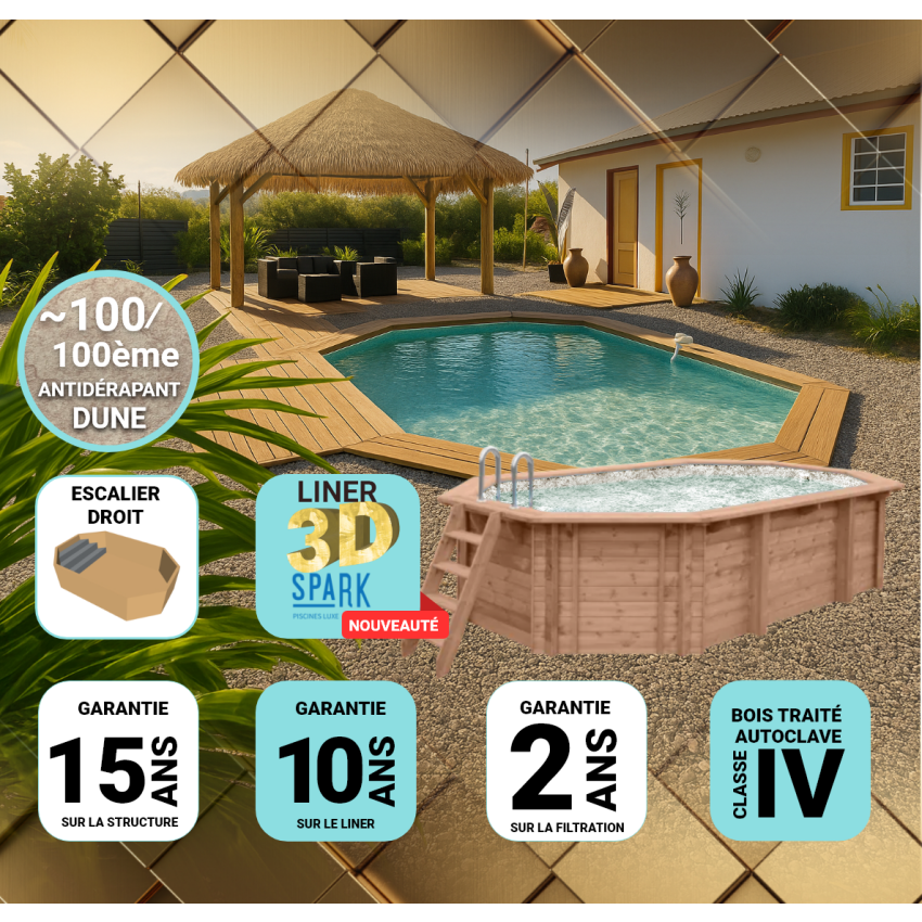 Piscine Bois PRESTIGE Octogonale allongée SPARK avec Escalier 415x265x131cm Liner Relief 3D