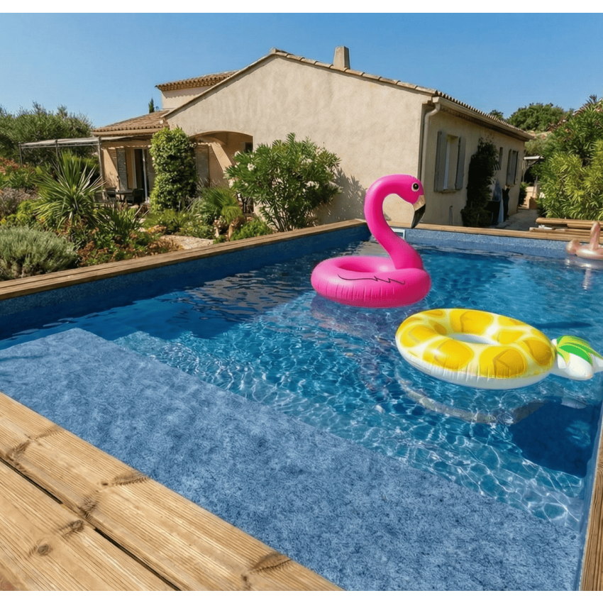 Piscine bois UBBINK PREMIUM avec Plage immergée + Escalier 555x300x140cm Liner Relief 3D