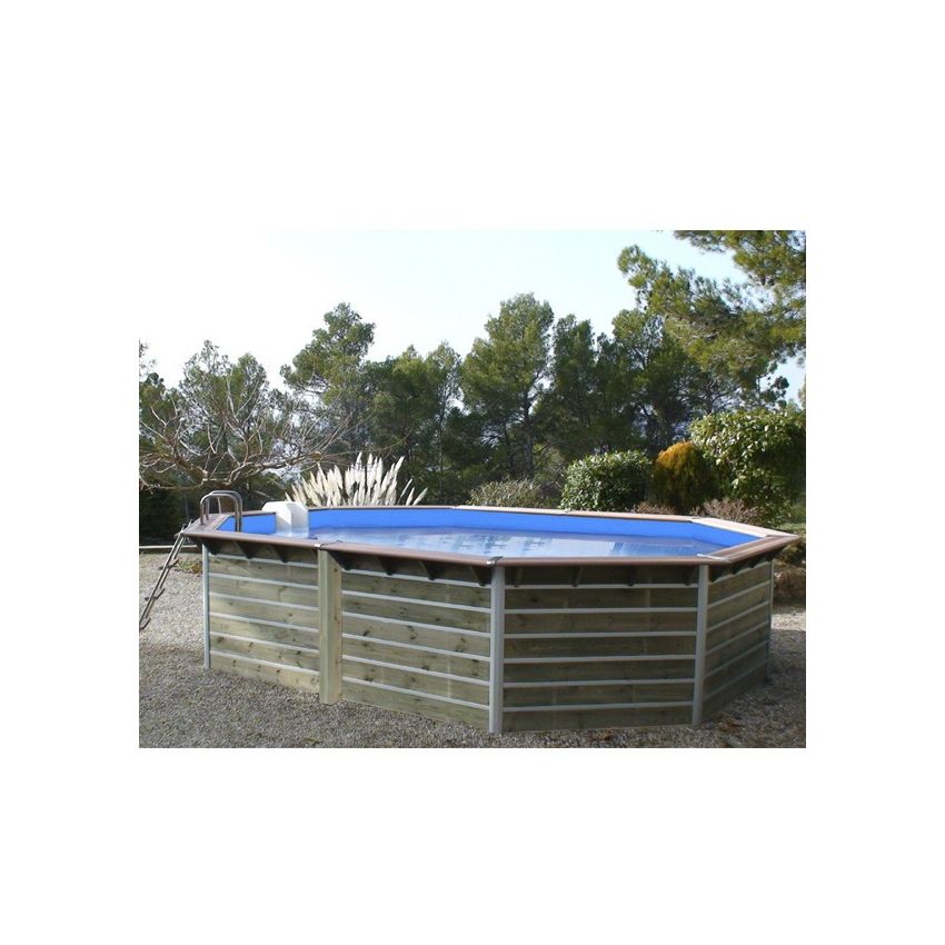 Piscine bois Octogonale Allongée LUCON 590x420x111cm Liner bleu