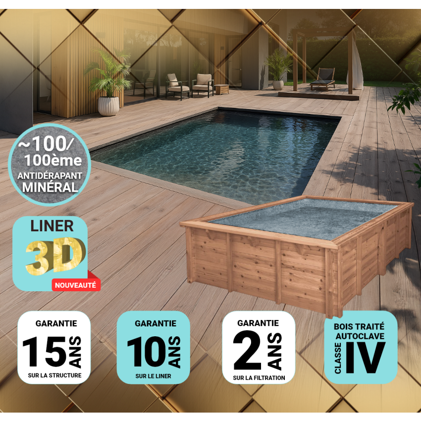 Piscine bois Rectangulaire UBBINK PREMIUM 650x350x140cm Liner Relief 3D