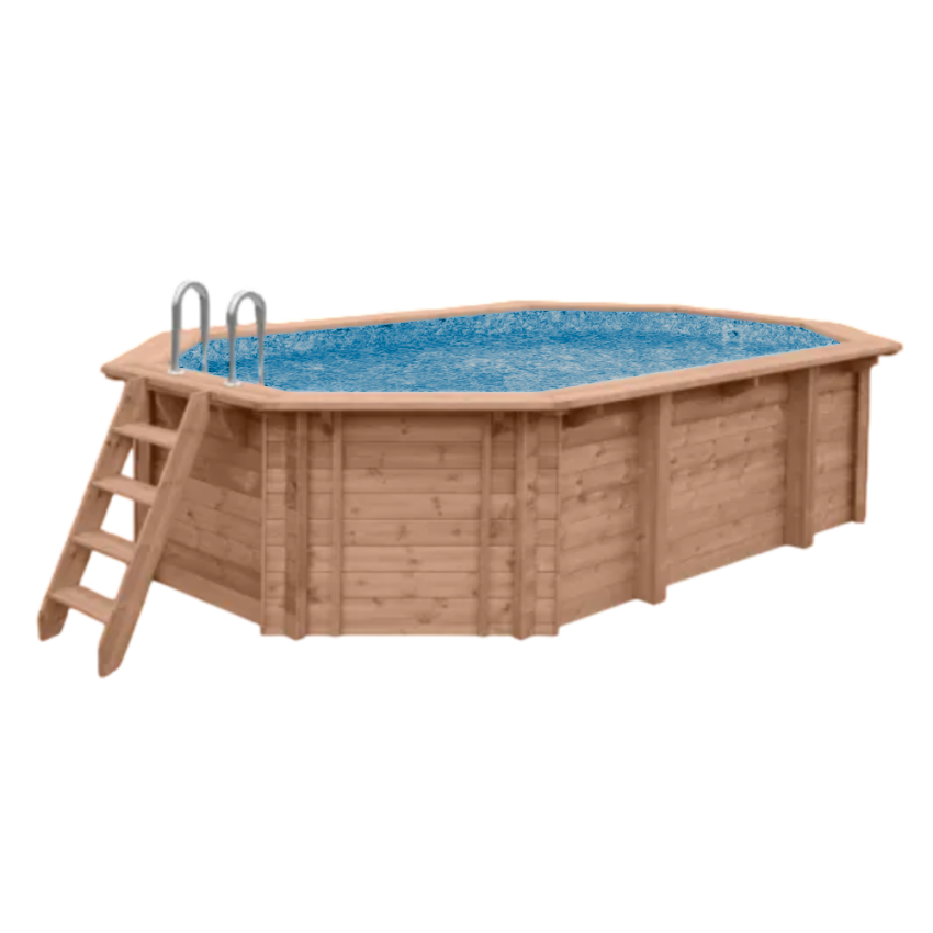 Piscine Bois PRESTIGE Octogonale allongée avec Escalier 807x457x131cm Liner Relief 3D