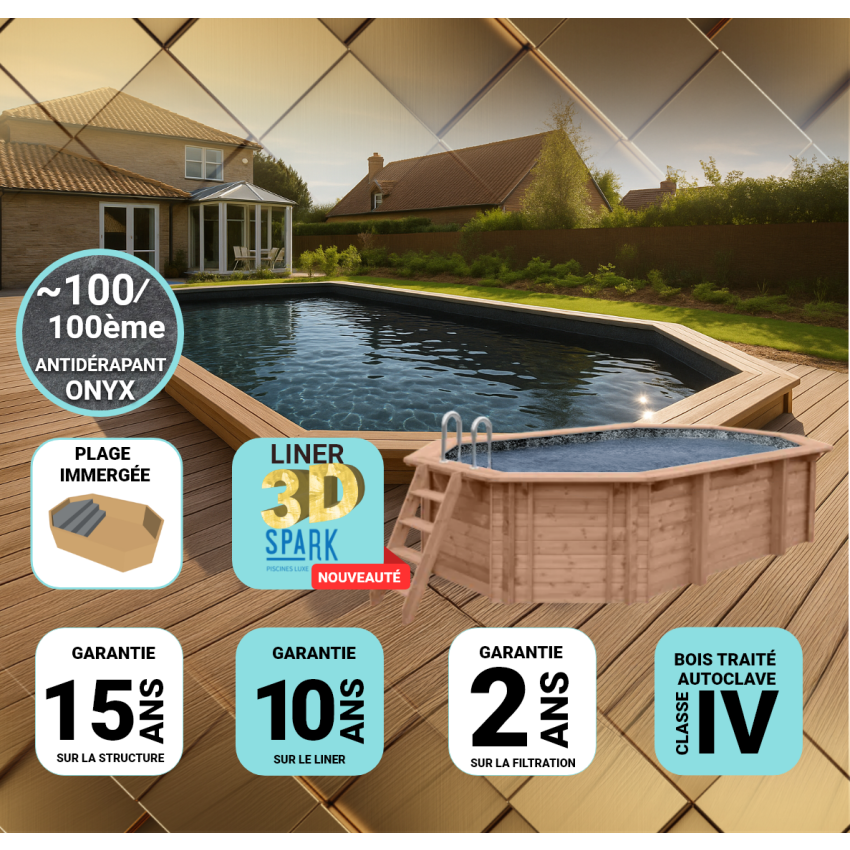 Piscine Bois PRESTIGE Octogonale allongée SPARK avec Plage Immergée + Escalier 612x407x131cm Liner Relief 3D