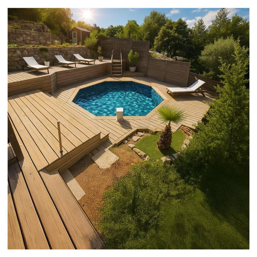 Piscine Bois Spark Ronde Hexagonale ⌀395x115cm Pierre de Bali