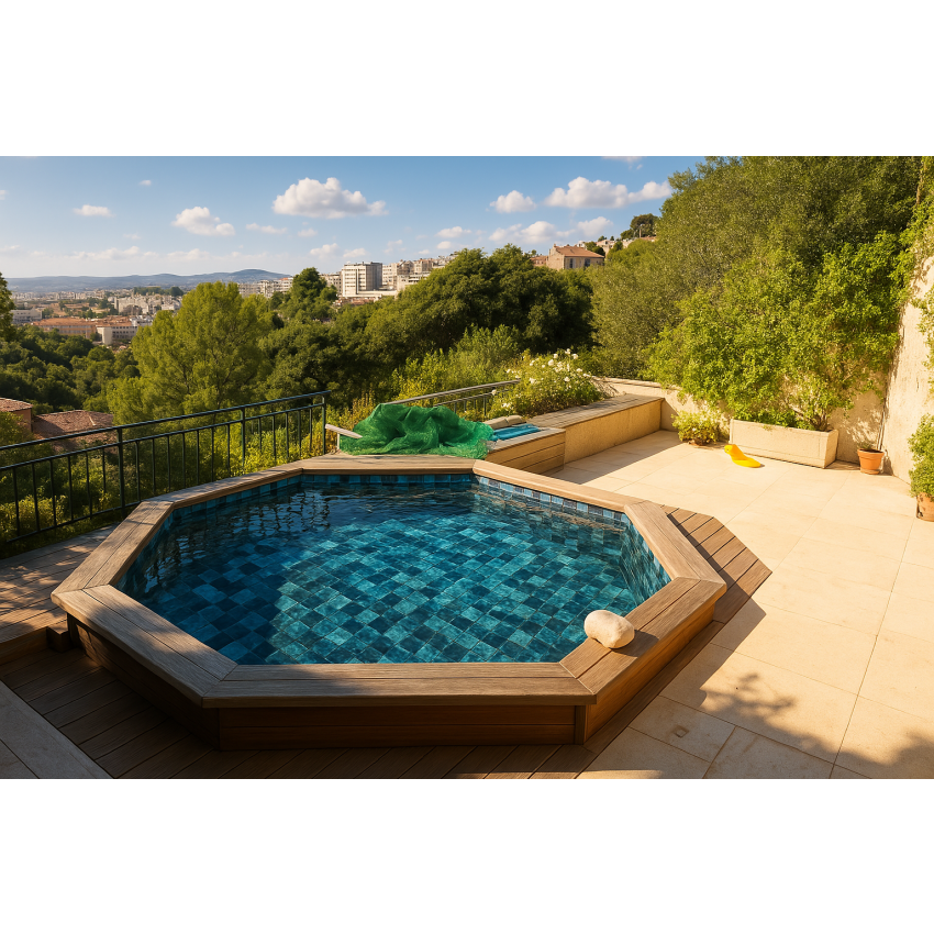 Piscine Bois Spark Ronde Hexagonale avec Plage immergée + Escalier ⌀395x115cm Pierre de Bali