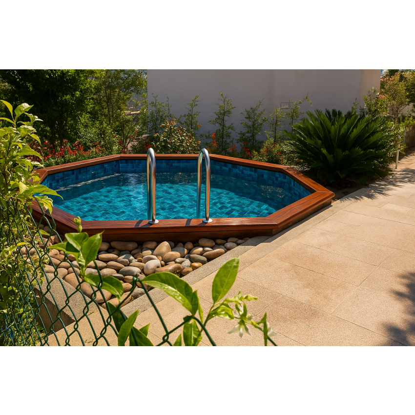 Piscine Bois Spark Ronde Hexagonale ⌀395x115cm Pierre de Bali