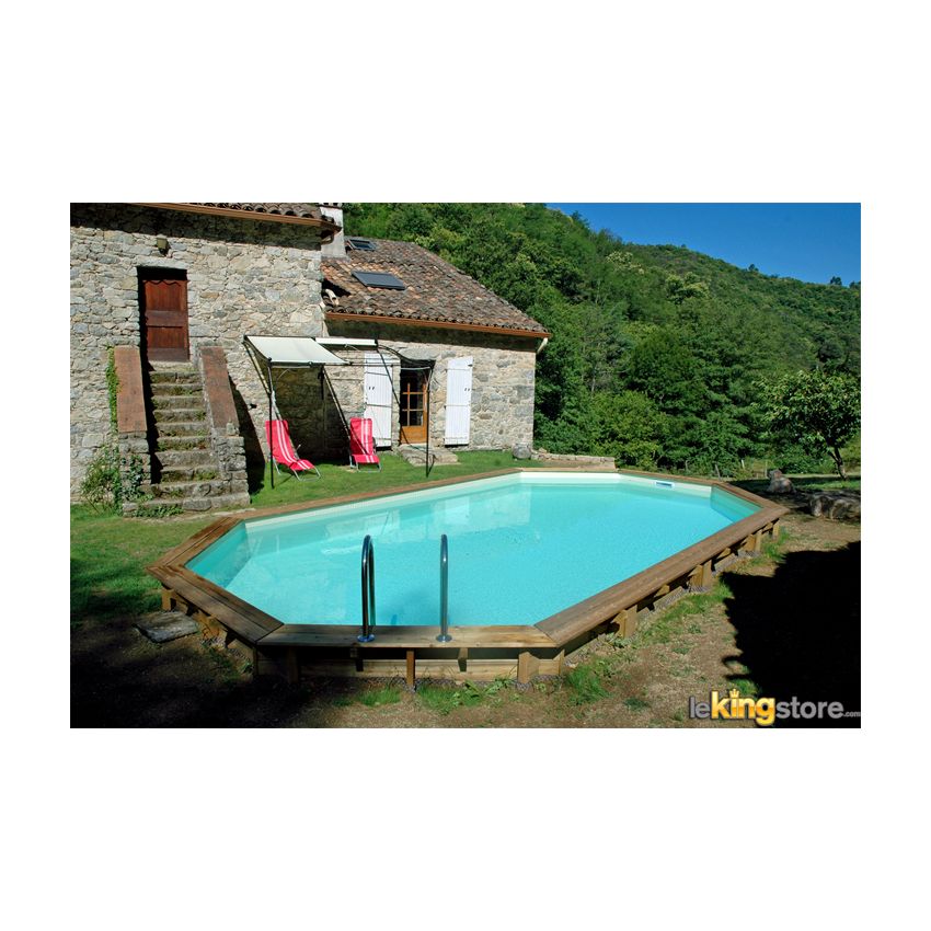 Piscine Bois Super Lucci Octogonale Allongée avec Escalier 807x457x131cm Pierre de Bali