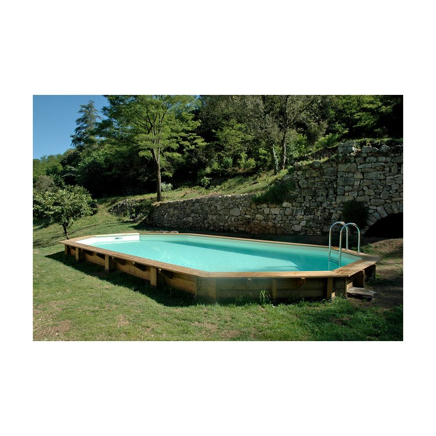 Piscine Bois Super Lucci Octogonale Allongée avec Escalier 807x457x131cm Pierre de Bali