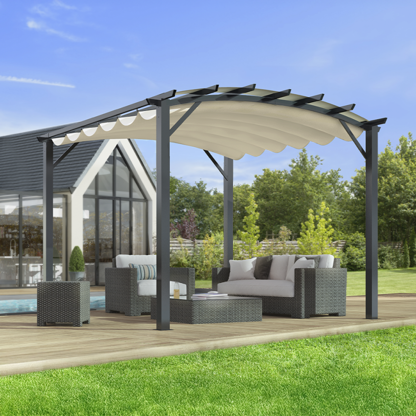 Pergola arche structure mixte aluminium/acier coloris gris / Surf. de protection : 11,22 m2 / toit en toile polyester 140 gr/m2 