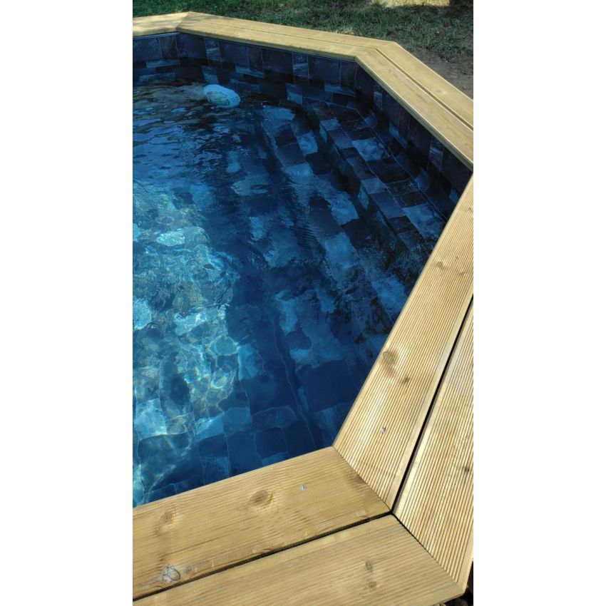 Piscine Bois Lola Octogonale Allongée avec Escalier 541x336x131cm Pierre de Bali