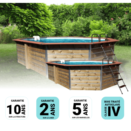 Piscine bois Octogonale Allongée LUCON 590x420x111cm Liner bleu