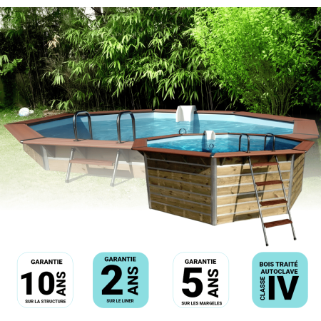 Piscine bois Octogonale CLEOFAS &Oslash;460x129cm Liner bleu