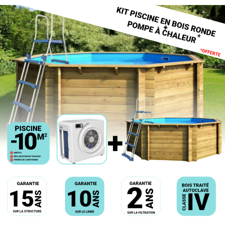 Piscine bois Hexagonale 395x117cm Liner bleu +Pompe à chaleur Offerte
