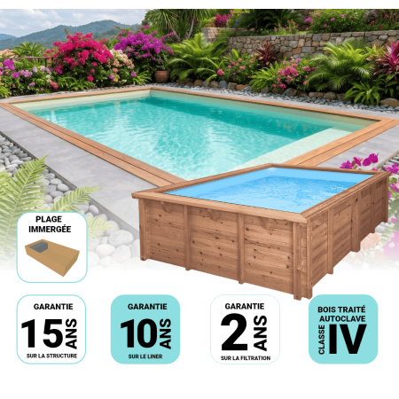 Piscine Bois Lenny Rectangulaire avec Plage Immergée 720x400x145cm Pierre de Bali