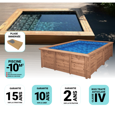 Piscine Bois Sunny Carrée avec Plage immergée + Escalier 320x320x131cm Pierre de Bali