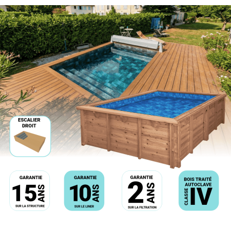 Piscine Bois Luna Rectangulaire avec Escalier 350x270x70cm Pierre de Bali