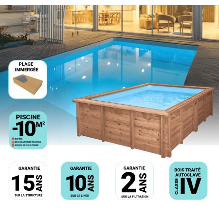 Piscine Bois Luna Rectangulaire avec Plage immergée + Escalier 350x270x70cm