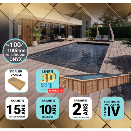Piscine Bois PRESTIGE California Rectangulaire avec Escalier d'Angle SPARK 520x220x131cm Liner Relief 3D