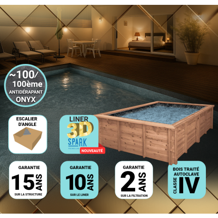 Piscine Bois PRESTIGE Capri Carrée avec Escalier d'Angle SPARK 420x420x145cm Liner Relief 3D