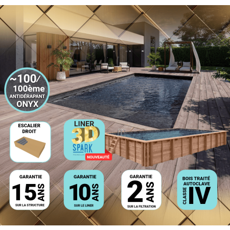 Piscine Bois PRESTIGE  DIANA Rectangulaire avec Escalier SPARK 820x420x145cm Liner Relief 3D