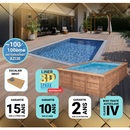 Piscine Bois PRESTIGE Capri Carrée avec Escalier SPARK 420x420x145cm Liner Relief 3D