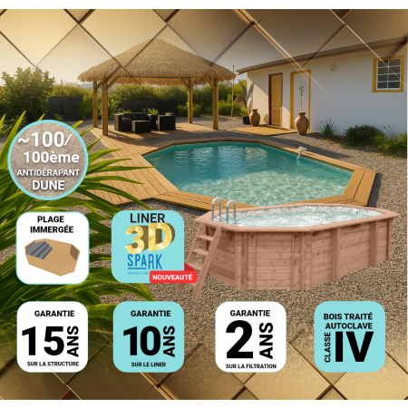Piscine Bois PRESTIGE Octogonale Allongée SPARK 612x407x131cm Liner Relief 3D