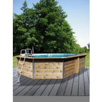 Piscine bois Octogonale Allongée LUCON 590x420x111cm Liner bleu