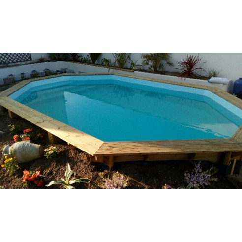 Piscine Bois Lucci Octogonale allongée avec Plage immergée + Escalier 415x265x131 cm